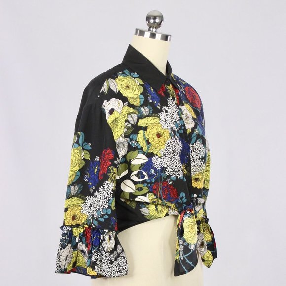 SANDRO Black Floral Print Silk Crepe Button Up Collared Shirt Blouse - Picture 8 of 16